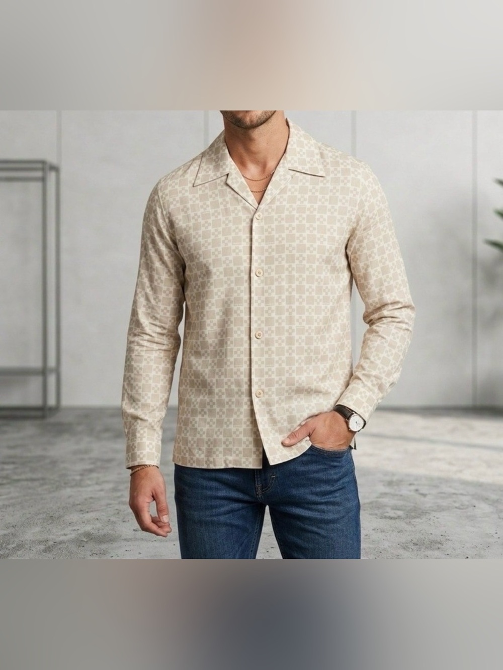 SANDRO Mens beige check board print logo long sleeve shirt